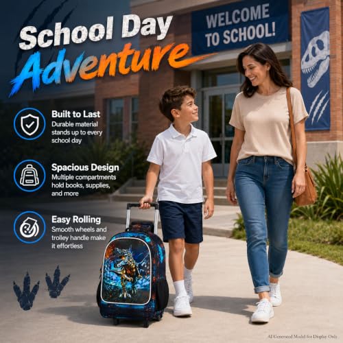 CCJPX 3PCS Dinosaur Rolling Backpack for Boys,Kids Backpacks with Roller Wheels, Wheeled Bookbag with Lunch Box for Toddler Elementary School-Black - color: Black Dinosaur