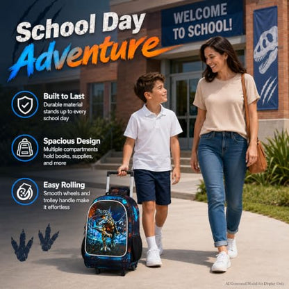 CCJPX 3PCS Dinosaur Rolling Backpack for Boys,Kids Backpacks with Roller Wheels, Wheeled Bookbag with Lunch Box for Toddler Elementary School-Black - color: Black Dinosaur