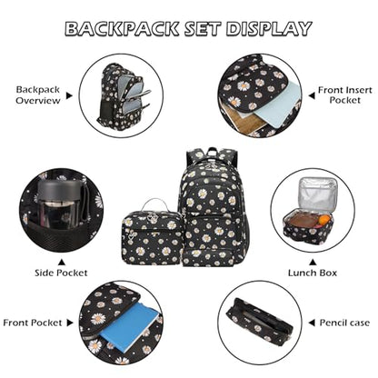 Glodwheat Daisy Printed Backpack For Girls- 3Pc Set With Lunch Box & Pencil Case, Lightweight Water-Resistant Bookbag For Elementary School - color: Black