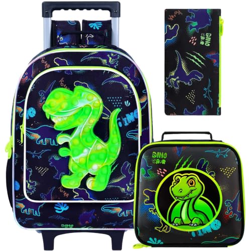 WZLVO 4PCS Dinosaur Rolling Backpack for Boys - Cool Wheeled School Set with Lunch Box,Water Resistant Roller School Backpack on Wheels for Elementary Kids Travel - color: Boys Rolling Backpack - Popular Dinosaur