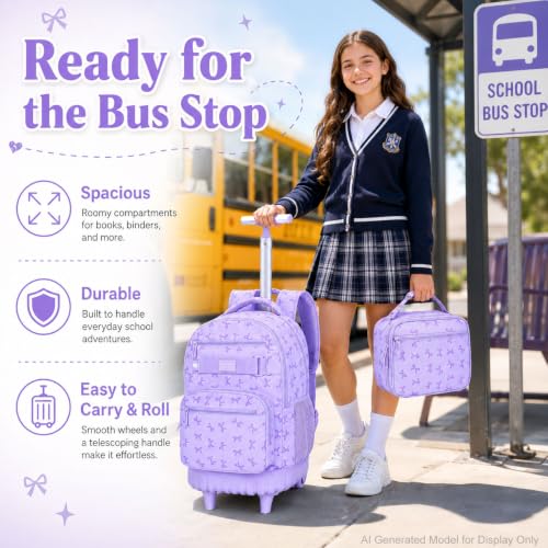 AGSDON Sophisticated Bow Print Rolling Bookbag for Girls Set – 20” Roller School Backpack with Matching Lunch Box for Travel, Commute | Water-Resistant Fashion Wheeled Organizer in Purple - color: Rolling Backpack Set - Bow Purple