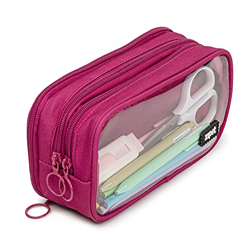 ZIPIT Half & Half Pencil Case for Girls, 3 Compartment Zipper Pouch for School, Stationery Bag for Teen and Adults, Pink - color: Pink