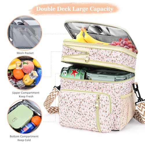 LOKASS Lunch Box for Women-16L-Insulated Lunch Bag Women, Expandable Double-layer Leakproof Cooler Bag with Upgrade Adjustable Shoulder Strap Ideal for Work/Travel/Picnics（White Flower） - color: White Flower