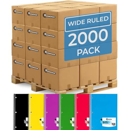 Rosmonde 2000 Packs (Pallet) 5 Subject Notebooks, Wide Ruled, Spiral Notebook Bulk,150 Sheets (300 pages), 8 x 10-1/2", Pallet of Notebooks, Bulk Spiral Notebooks for School & Office, 4-7 Days Transit - size: 2000 Pack | Full Pallet, style: 5 Subject - So