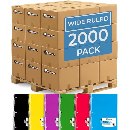 Rosmonde 2000 Packs (Pallet) 5 Subject Notebooks, Wide Ruled, Spiral Notebook Bulk,150 Sheets (300 pages), 8 x 10-1/2", Pallet of Notebooks, Bulk Spiral Notebooks for School & Office, 4-7 Days Transit - size: 2000 Pack | Full Pallet, style: 5 Subject - So