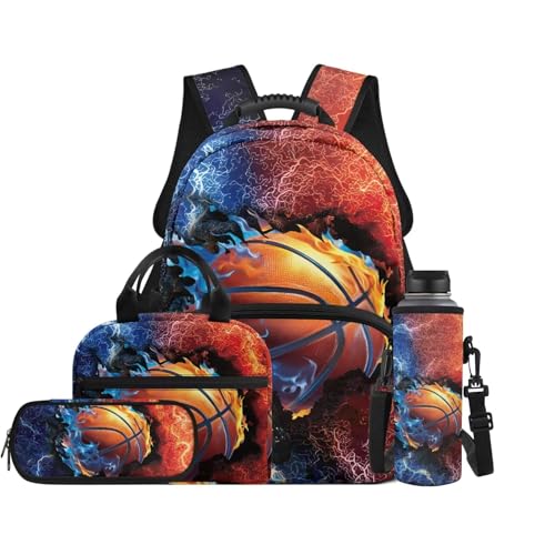 Flaming Basketball Print Backpack Set, 4 PCS Daily School Bag with Lunch Box, Pencil Case and Water Bottle Cover, for Elementary Students Ages 9-12 Outdoor Travel - color: Flaming Basketball Print