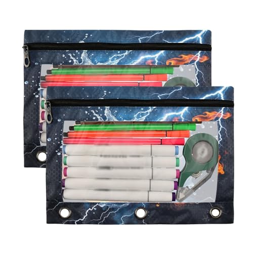 Kcldeci Pencil Pouch for 3 Ring Binder, Soccer Ball in Fire and Water 2 Pack Binder Pencil Pouch with Clear Window Pencil Bags with Zipper Pencil Case for Binder - color: A01
