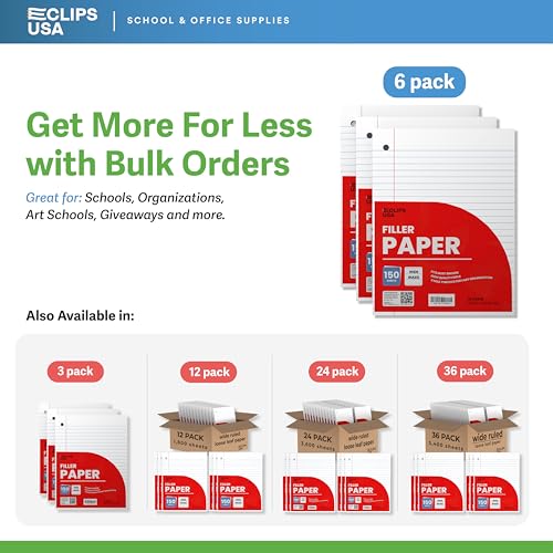 Wide Ruled Loose Leaf Paper Wide Ruled Notebook Paper Lined Writing Filler Paper 10.5” x 8” 56 gsm 900 Sheets 150 Sheet Per Pack (6 Pack) - size: 6 Pack