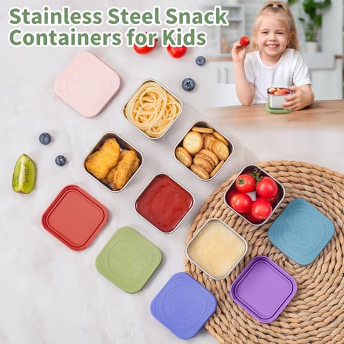 SANEXC 6 Oz Stainless Steel Snack Containers for Kids - 6 Pack Metal Food Containers with Lids Silicone Easy Open 100% Leak Proof BPA Free Reusable Baby Lunch Box for Daycare Travel and Office