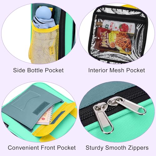 Lunch Box for Kids, Large Double-Insulated Lunch Bag for Boys, Cooler Bag Back to School Thermal Reusable, Cute Preppy Students Lunch Tote Pail with Water Bottle Holder, Blue & Green