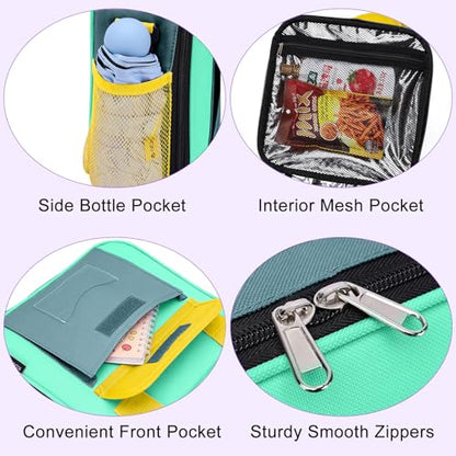 Lunch Box for Kids, Large Double-Insulated Lunch Bag for Boys, Cooler Bag Back to School Thermal Reusable, Cute Preppy Students Lunch Tote Pail with Water Bottle Holder, Blue & Green