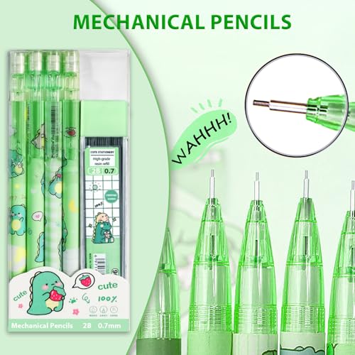 Cute Green Dinosaur Mechanical Pencil Set Include 8Pcs Kawaii Mechanical Pencils,2 Tubes Mechanical Pencil Lead Refills,2Pcs Dinosaur Erasers,for Office School Supplies - style: Dinosaur