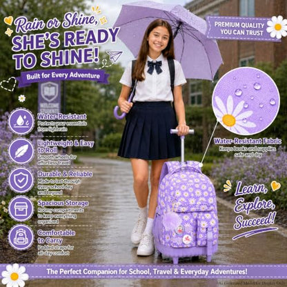 CCJPX Rolling Backpack for Girls, 3Pcs Roller Wheeled School Bookbag, Daisy Wheels Backpacks with Lunch Box for Kids (Purple) - color: Daisy Purple