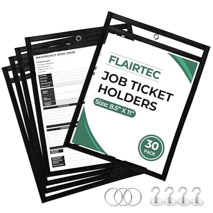 Job Ticket Holders 10x14 - (30 Pack) 8.5x11 Letter Size | Reusable Dry Erase Pockets Black with Metal Rings & Hooks | Durable Clear Shop Sleeves for Work Order | Perfect for Classrooms - style: Black (30 Pack)