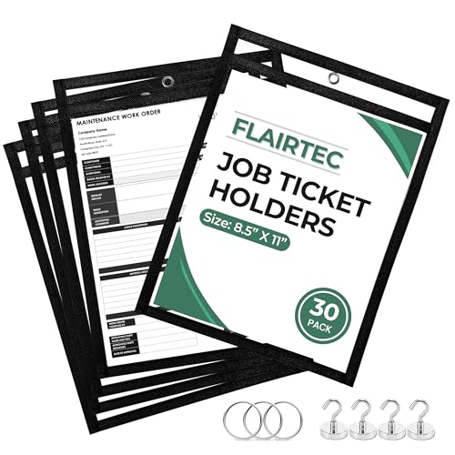 Job Ticket Holders 10x14 - (30 Pack) 8.5x11 Letter Size | Reusable Dry Erase Pockets Black with Metal Rings & Hooks | Durable Clear Shop Sleeves for Work Order | Perfect for Classrooms - style: Black (30 Pack)