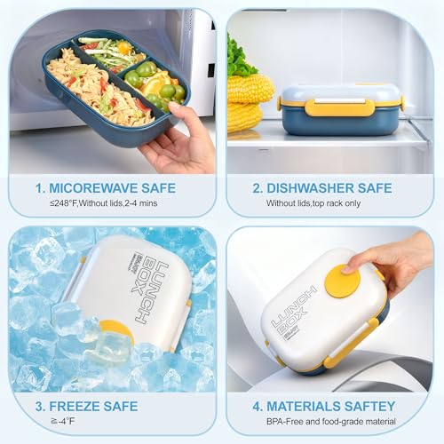 3-Compartment Leak-Proof Bento Box for Kids & Adults, Blue | Insulated bag, utensils & sauce container included; BPA-free; Microwave & dishwasher safe; Ideal for school, office & travel. - color: Blue