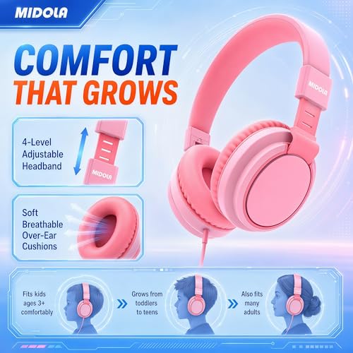 MIDOLA Kids Headphones for School Learning,Volume Limited 85/94dB, Foldable Lightweight Over-Ear Wired Headphones for Kids Toddler Girls Boys 3.5mm for Pad,Headsets with Built-in Mic Pink - color: Pink