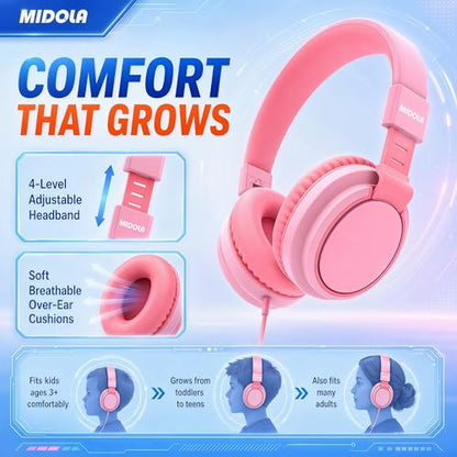 MIDOLA Kids Headphones for School Learning,Volume Limited 85/94dB, Foldable Lightweight Over-Ear Wired Headphones for Kids Toddler Girls Boys 3.5mm for Pad,Headsets with Built-in Mic Pink - color: Pink