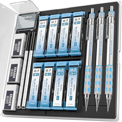 Nicpro Blocky Gear Mechanical Pencils 0.7 mm with Case, 3 Pack Drafting Pencil with 8 Tube (480PCS) Lead Refills(HB 2B), 4 Erasers, 18 Eraser Refills for Art Writing, Sketching Drawing - style: 0.7mm