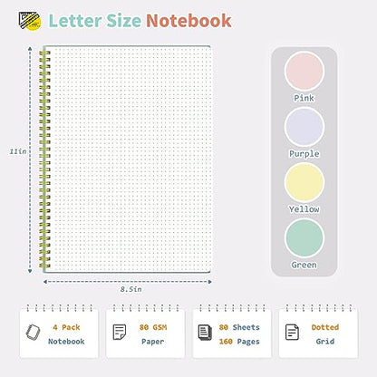 Umriox 4 Pack Dotted Spiral Notebook, 8.5" x 11" Dot Grid Journal Notebook, 160 Pages Spiral Bound Notebook with Sticky Notes, Journal for Writing Drawing Women Men Work School - size: 8.5 x 11 in, style: Dotted