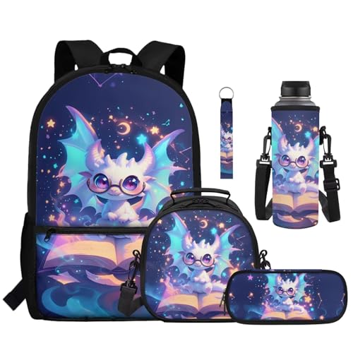 Cute Dragon Kids School Backpack Set, 5 Pieces with Lunch Bag, Pencil Case and Water Bottle Carrier, Large Capacity Backpack for Elementary, Middle School and Travel - color: Cute Dragon