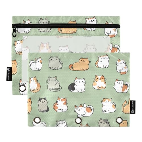 Fustylead Cute Cartoon Cat on Green Background Pencil Pouch with Clear Window for 3 Ring Binders, Zipper Pencil Case Cosmetic Bags for School Office Class Students Supplies, 2PCS - color: Cartoon Cat