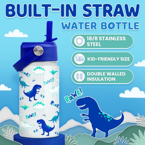SANDJEST Dinosaur 12 oz Insulated Stainless Steel Water Bottle with Straw Lid - Thermos for Kids & Teens - School, Sports, Travel Cup - color: Dinosaur 1