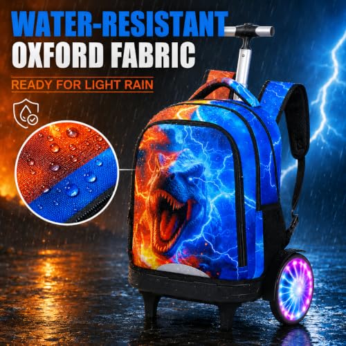 AGSDON Quiet Rolling Backpack with Lunch Box Set – Large Luminous Wheel Water‑Resistant Wheeled Bag for School, Outings, and Travel | Fire-Lightning Dinosaur 3‑Piece Organizer Backpack - color: Large Luminous Wheel Rolling Fire-lightning Dino