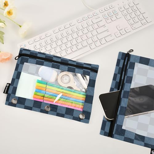 Steelblue Buffalo Plaid Binder Pouches 3 Ring for Boys Girls School Office College Supplies Blue Chessboard Darkblue Turquoise Aqua Pencil Pouches Case Bag with Clear Window and Zipper 2 Pack - color: Steelblue