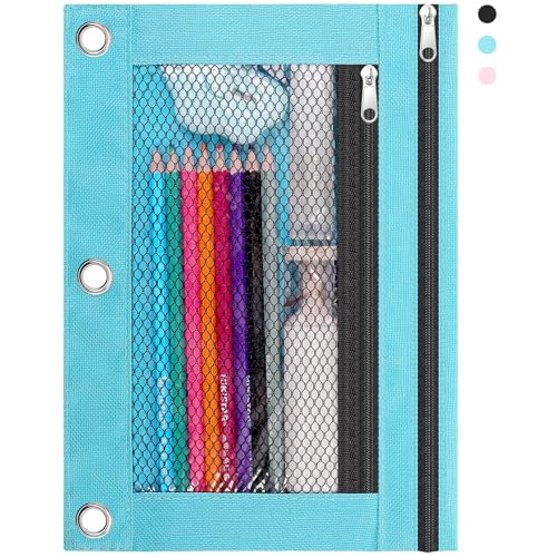 KONVINIT Pencil Pouch for 3 Ring Binder, Zipper Binder Pencil Pouch, Durable Cloth Pencil Case with 2 Pockets, Mesh Window Pencil Case Pouch for School Supplies, Cables, Earbuds, Makeup, Blue - color: Blue, size: 1Pack