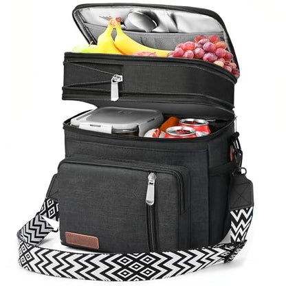 LOKASS Lunch Bag& Lunch Box for Men Women Double Deck,Large Insulated Adult Lunch Box Leakproof Lunchbox Cooler Bag for Work Picnic Beach,（Black,16L） - color: Black 2