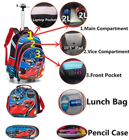 Meetbelify 3Pcs Rolling Backpack for Boys,School Backpack with Wheels for Boys - color: Red Car