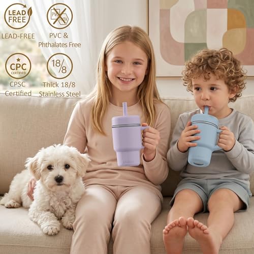 Fimibuke Toddler Tumbler with Handle & Straw, 15 OZ Spill Proof Sippy Cups | Leak Proof Stainless Steel Cups with Lid & Silicone Sleeve, BPA Free Dishwasher Safe Kids Water Bottle for Girl Boy, 2 Packs - color: Lavender & Blue