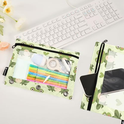 SUABO Frog Pencil Pouch for 3 Ring Binder, 2 PCS Binder Pencil Pouch with Zipper, Clear Window Zipper Pencil Case Pencil Bags for Office Supplies - color: Frog