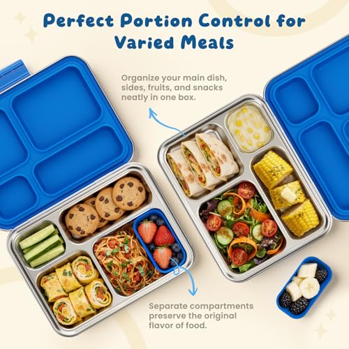 Stainless Steel Bento Box, 4-Compartment Metal Lunch Box with Removable Silicone, Lunch Container for Kids & Adults with Silicone Inner Container, School, Office, Dishwasher Safe(Blue) - color: Blue