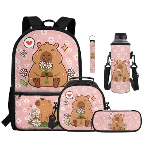 Kawaii Capybara 5 Piece School Bag Set for Kids with Lunch Bag Pencil Case and Water Bottle Carrier Backpack for Elementary School and Travel - color: Kawaii Capybara