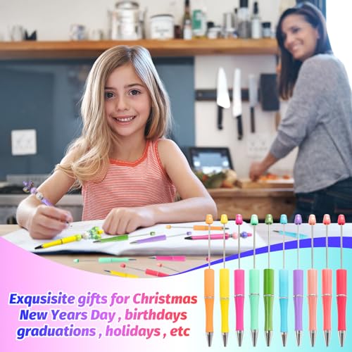 300 Pieces DIY Beadable Pens Kit - 100 plastic Beadable Pens Bulk, Refills & pen bags Included - Beaded Pens Black Ink Ballpoint Cute Pens（Bright） - color: Macaron, size: 100