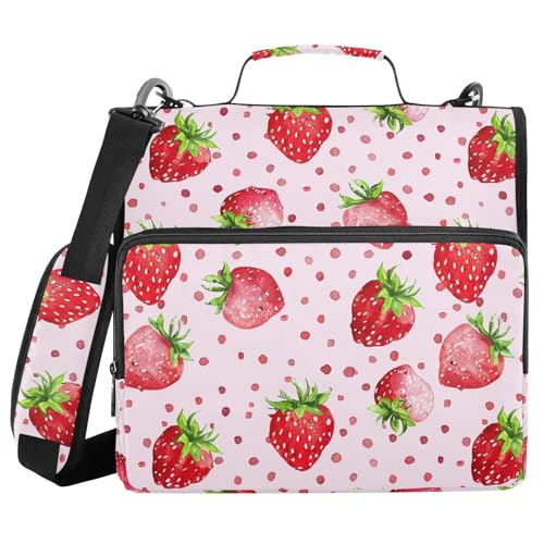Strawberry Polka Dot Red Zipper Binder with Shoulder Strap Bag 3 Ring Binder Organizer Large Capacity Multiple Compartments for School Office - color: Multicolored 1