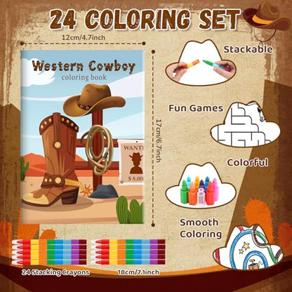 BenLouis 24 Western Cowboy Mini Coloring Books Kids With 24 Stacking Crayons Wild West Party Favors Activity Books Bulk for Kids Yee Haw Rodeo Goodie Bag Gift Stuffer Classroom Reward - style: Western Cowboy