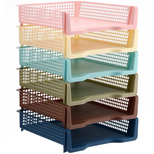 Weysat 6 Pcs Turn in Trays Classroom, Stackable Paper Tray for Classroom Organization Plastic Desk File Organizer Bin Basket for Library Drawer Teacher Office Document Storage (Morandi Tones,Narrow) - color: Morandi Tones, size: Narrow