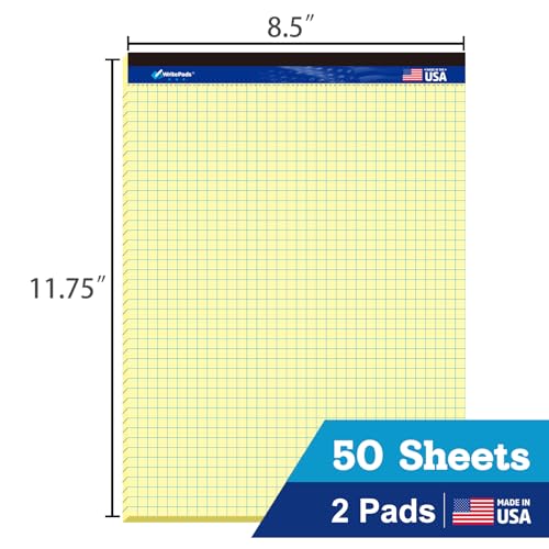 Graph Paper Pads 8.5 x 11, 4x4 Quad Ruled Graph Paper, 2 Pack, 50 Sheets Per Pad, Yellow Graphing Paper Notebook with Sturdy Back & Micro-Perforated Pages, Made in USA, for School, Math, Drafting & Office - color: Canary