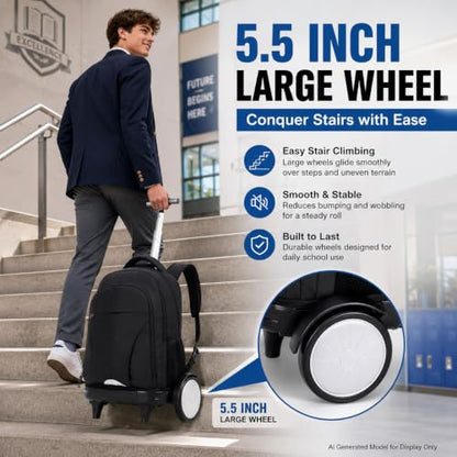 gxtvo Large Wheels & Quiet Glide | Rolling Backpack for Men & Women - Water-Resistant Wheeled Bag with Lunch Box for Office, Travel & College - Black - color: Rolling Backpack Reflective Black