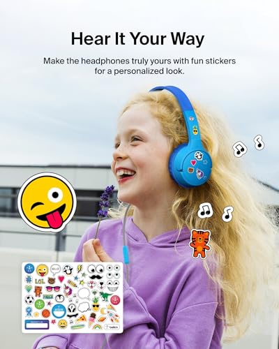 Belkin SoundForm Mini Kids Wired Headphones w/USB C to 3.5mm Dongle, Built-in Mic & Fun Stickers, 85dB Max Volume – for Online Learning, Travel, Compatible w/iPhone 16, iPad, Galaxy S25, etc - Blue - color: Blue, style: Wired (USB-C)