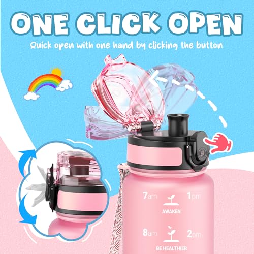 OLDLEY Kids Water Bottle for School, 17 oz (2 lids) BPA-Free Reusable Leak-proof Durable Tritan Plastic Water Bottles with Straw & Chug Lids, Anti-dust Spout Cover (Pink Blue) - color: A-Pink Blue, size: 17 Ounces