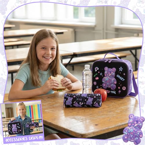 Rolling Backpack for Girls Backpack with Wheels for School Kids Cute Bear Kids Wheeled School Bag 3PCS Set with Lunch Box Pencil Case,Elementary Trolley Bookbag for School Travel - color: Black Purple Bear