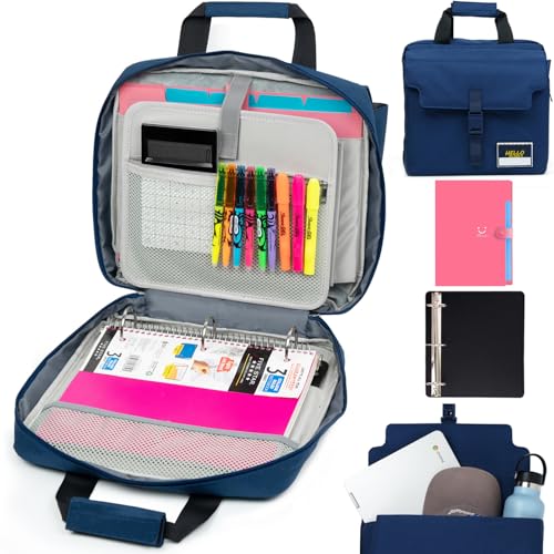 3 Ring Zipper Binder Bag with Handle and Shoulder Strap, 2-Inch O-Ring, Large Laptop Pocket, 5-Tab Expanding File Folder, School Supply Kit (Dark Blue)