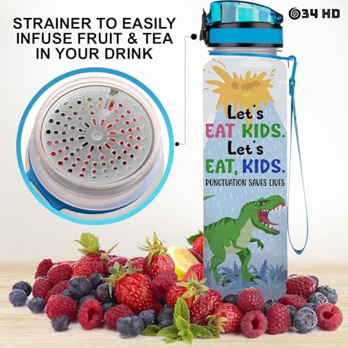 34HD 32oz Dinosaur Water Bottle with Time Marker, BPA Free Water Bottle with Fruit Strainer, Funny Mamasaurus Gifts, T Rex Mom Bottle, Cute Dino Hydration Bottle Christmas Gift - color: Dino Mom