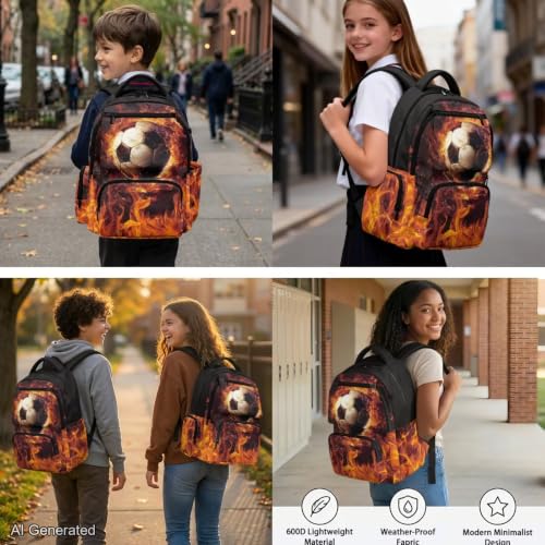 Soccer Backpack for Boys Girls Backpack with Lunch Box Water Bottle Pouch and Cute Pencil Case 4PCS Set Bookbag with Front Pocket for School 17 in Large Elementary Middle High School Bag - color: Flaming Soccer
