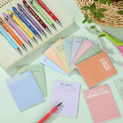 Geyee 24 Pcs Back to School Teacher Gifts Sarcastic Sticky Notes with Funny Pens 3 x 4 Inch Funny Teacher Appreciation Gifts for Coworkers Employee Office Staff Work Team Appreciation Gift - style: Sarcastic