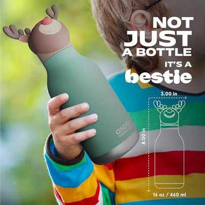 asobu Bestie Bottle Insulated Stainless Steel Water Bottle with Detachable Soft Animal Head Fun Drinking For Kids and Teens with Flexible Reusable Straw 16 Ounce (Reindeer) - color: REINDEER